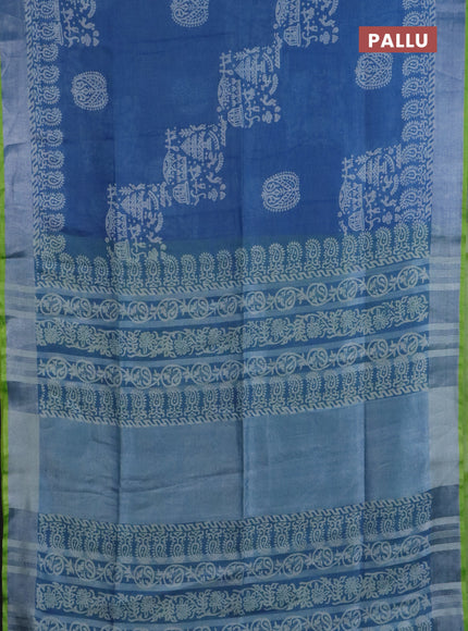Pure linen saree blue with allover prints and silver zari woven border