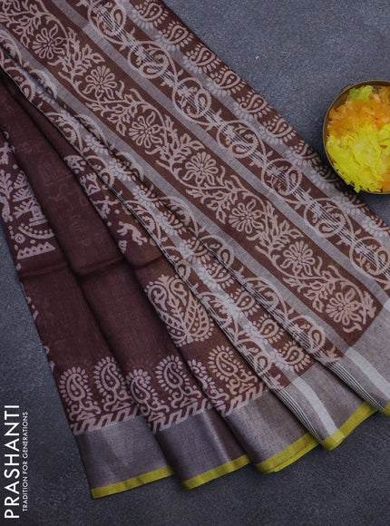 Pure linen saree coffee brown shade with allover prints and silver zari woven border