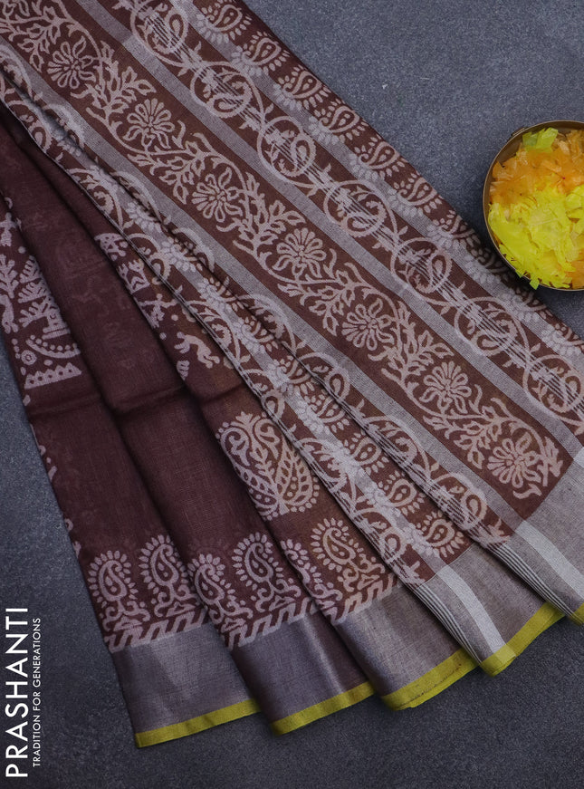 Pure linen saree coffee brown shade with allover prints and silver zari woven border