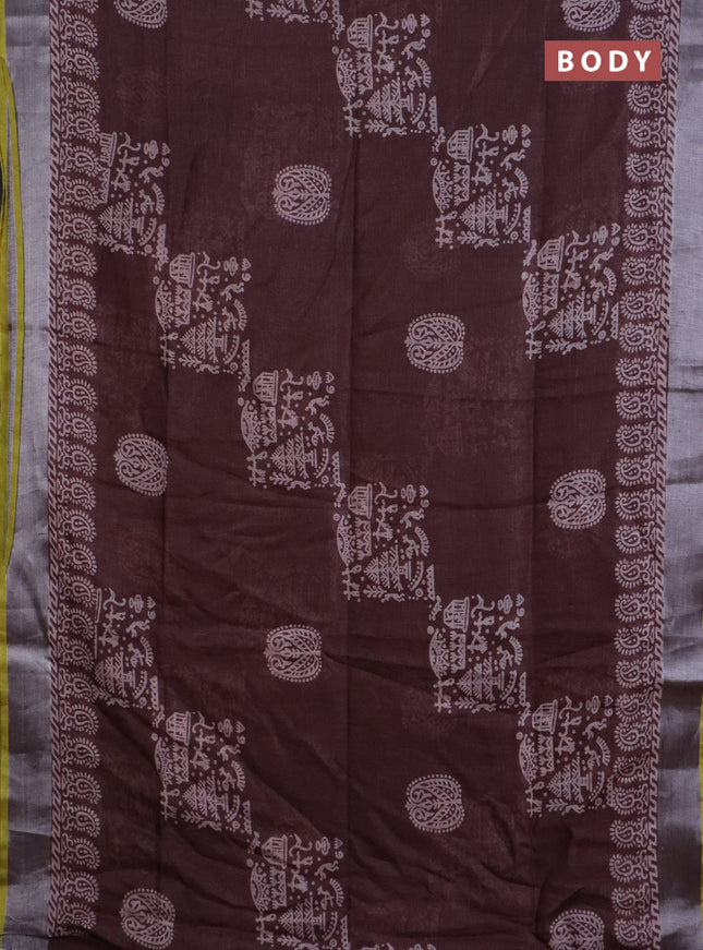 Pure linen saree coffee brown shade with allover prints and silver zari woven border