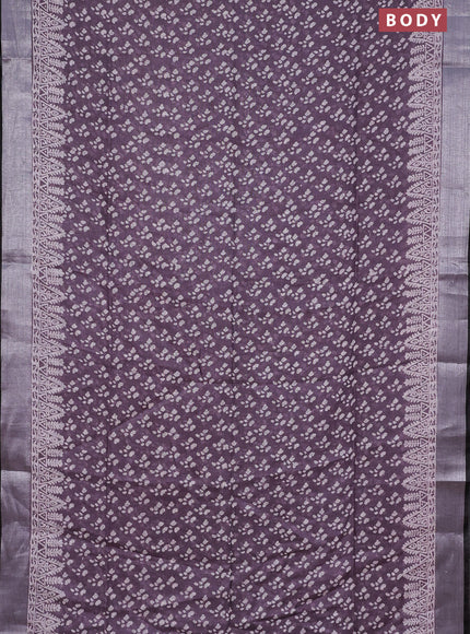 Pure linen saree pastel wine shade with allover prints and silver zari woven border