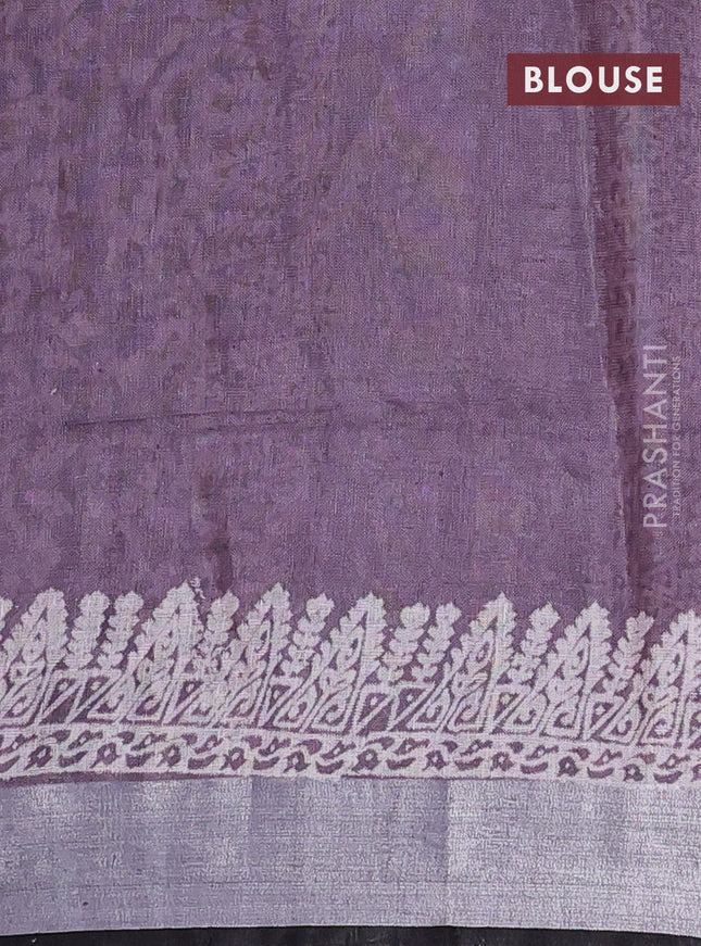 Pure linen saree pastel wine shade with allover prints and silver zari woven border