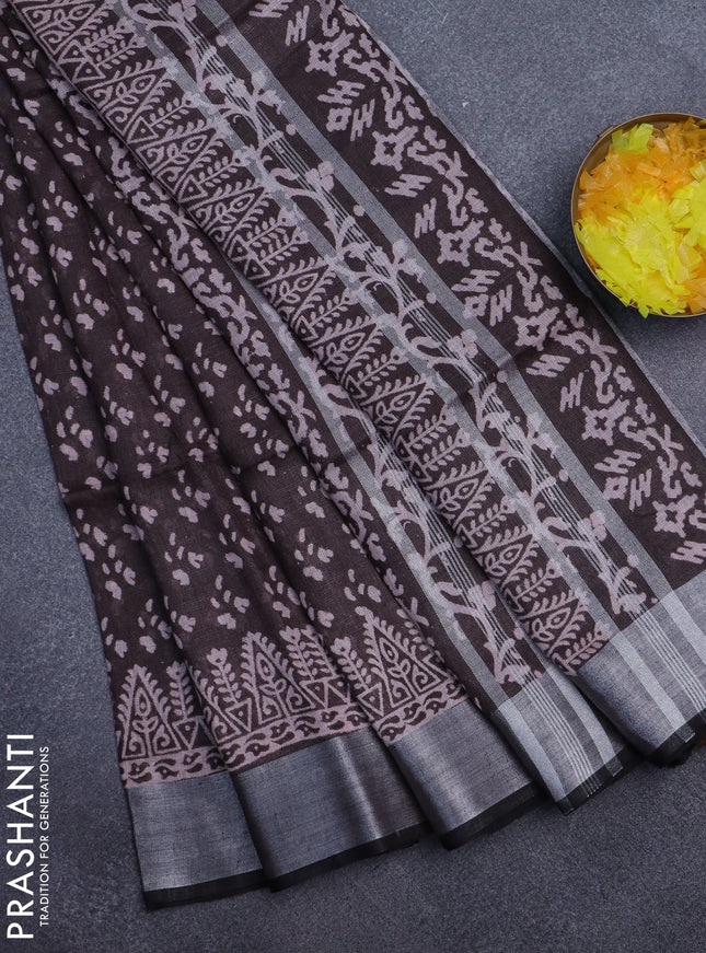 Pure linen saree coffee brown with allover prints and silver zari woven border