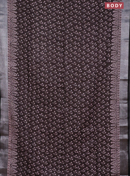 Pure linen saree coffee brown with allover prints and silver zari woven border