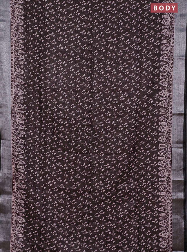 Pure linen saree coffee brown with allover prints and silver zari woven border