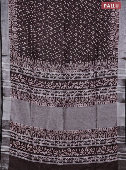 Pure linen saree coffee brown with allover prints and silver zari woven border
