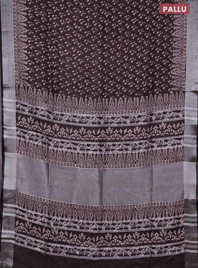 Pure linen saree coffee brown with allover prints and silver zari woven border