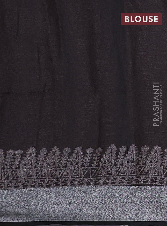 Pure linen saree coffee brown with allover prints and silver zari woven border