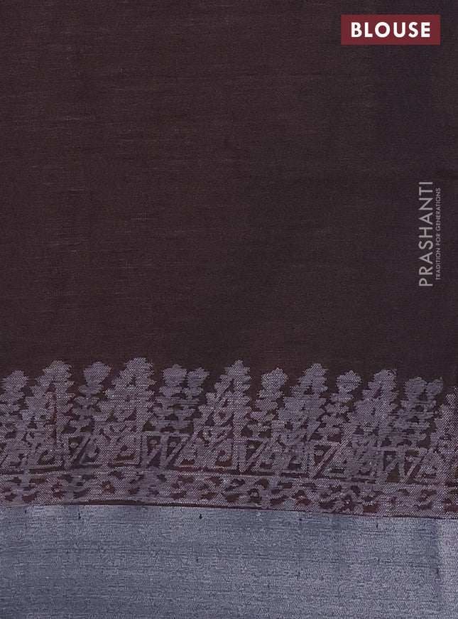Pure linen saree coffee brown with allover prints and silver zari woven border