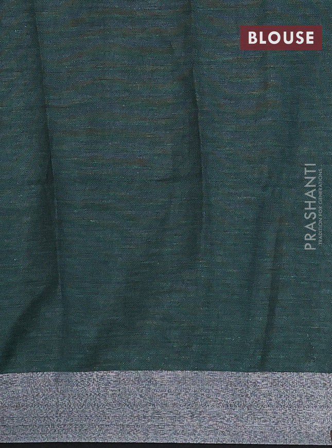 Pure linen saree teal green and black with allover prints and silver zari woven border