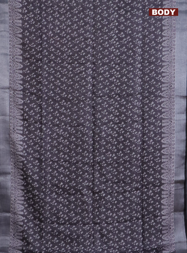 Pure linen saree grey and black with allover prints and silver zari woven border