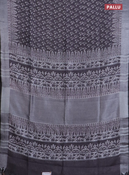 Pure linen saree grey and black with allover prints and silver zari woven border