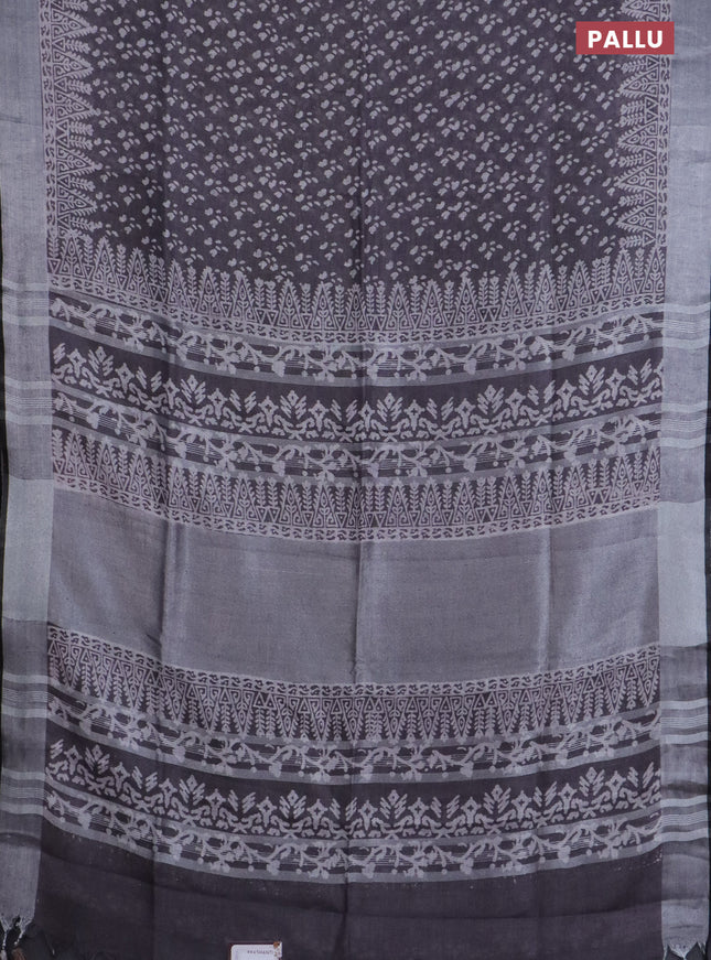 Pure linen saree grey and black with allover prints and silver zari woven border