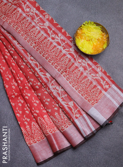 Pure linen saree red and black with allover prints and silver zari woven border