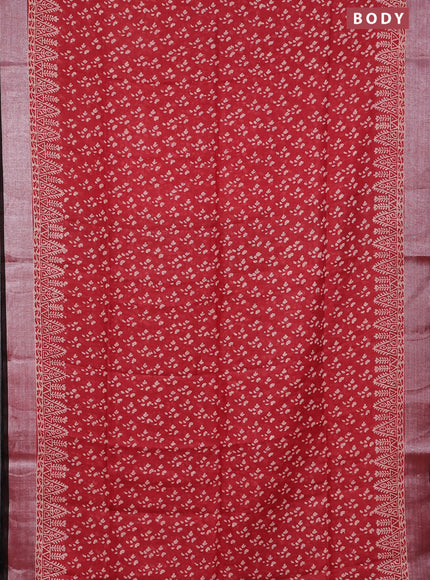 Pure linen saree red and black with allover prints and silver zari woven border