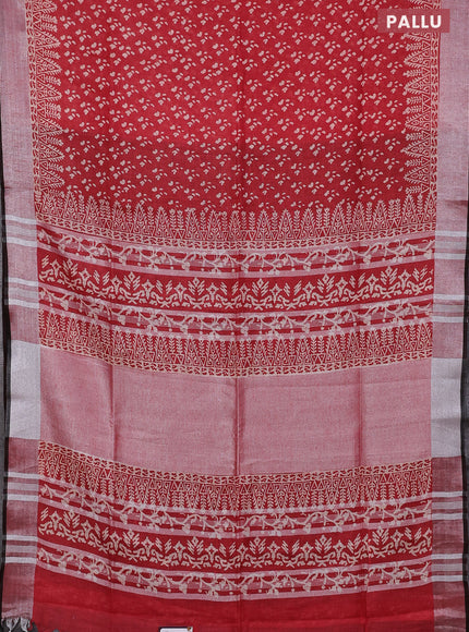 Pure linen saree red and black with allover prints and silver zari woven border