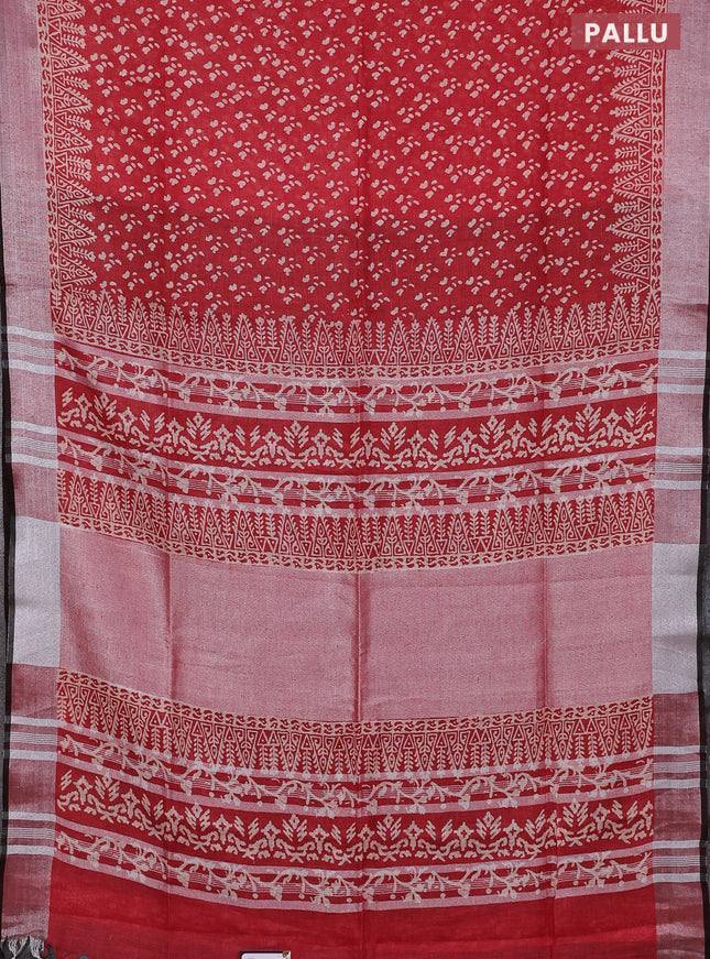 Pure linen saree red and black with allover prints and silver zari woven border