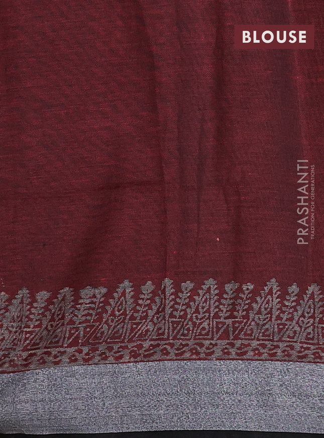 Pure linen saree red and black with allover prints and silver zari woven border