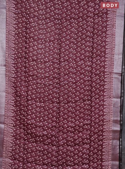 Pure linen saree deep maroon with allover prints and silver zari woven border
