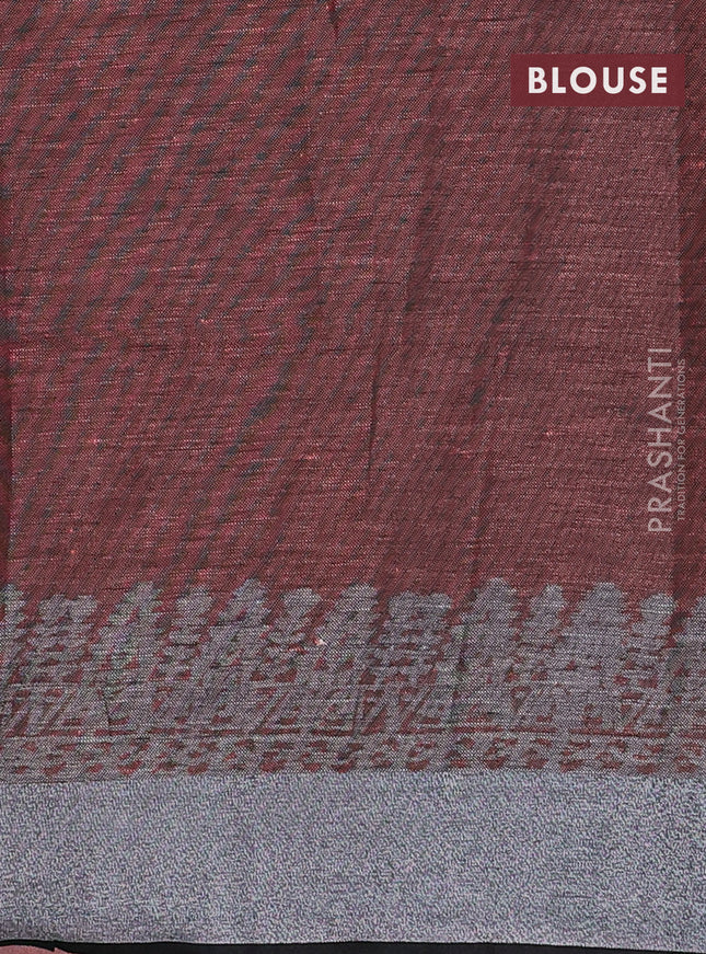 Pure linen saree orange and black with allover prints and silver zari woven border