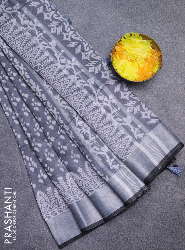 Pure linen saree grey and black with allover prints and silver zari woven border