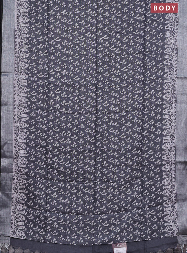 Pure linen saree grey and black with allover prints and silver zari woven border