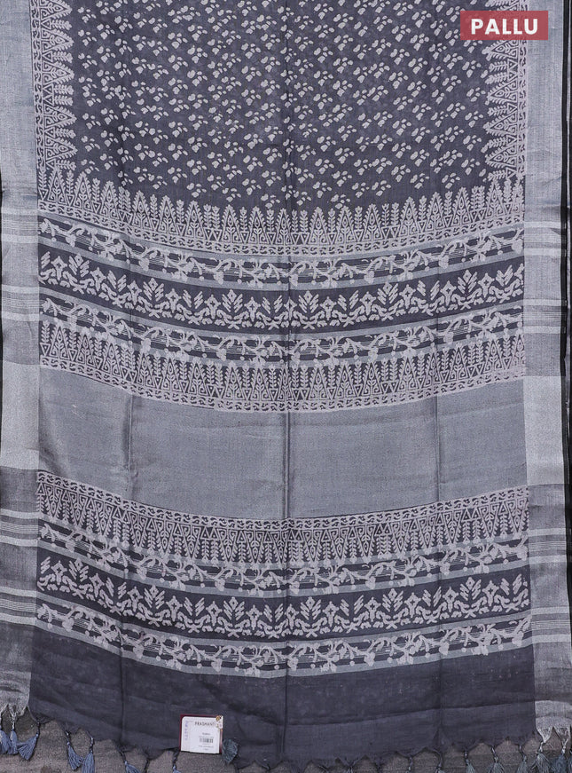 Pure linen saree grey and black with allover prints and silver zari woven border