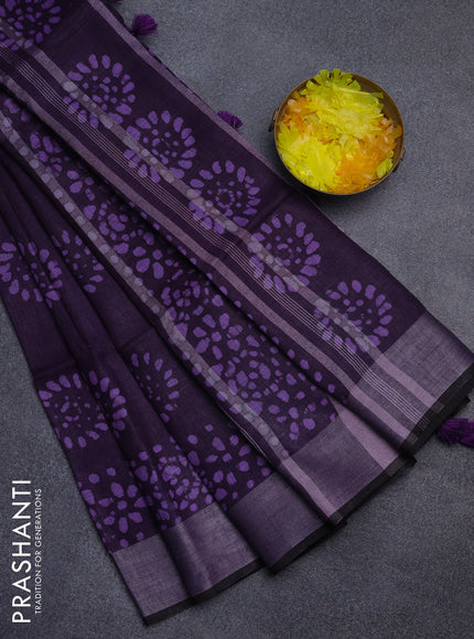 Pure linen saree deep violet and black with batik butta prints and silver zari woven border