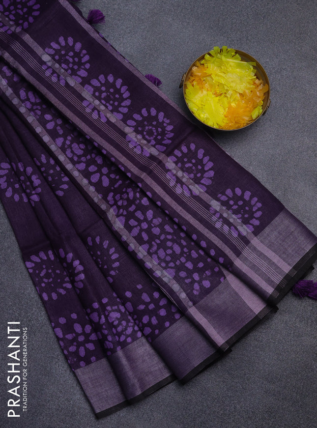 Pure linen saree deep violet and black with batik butta prints and silver zari woven border