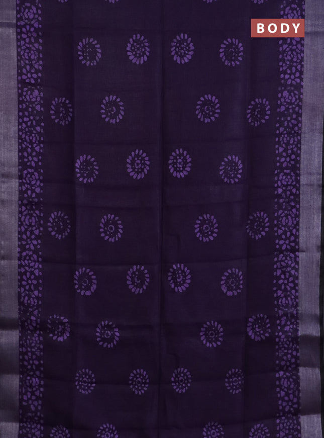 Pure linen saree deep violet and black with batik butta prints and silver zari woven border
