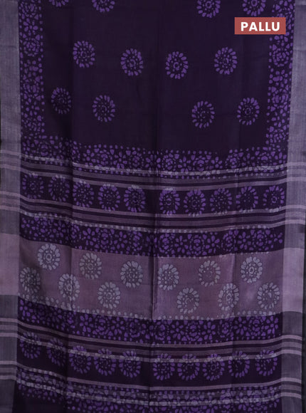 Pure linen saree deep violet and black with batik butta prints and silver zari woven border