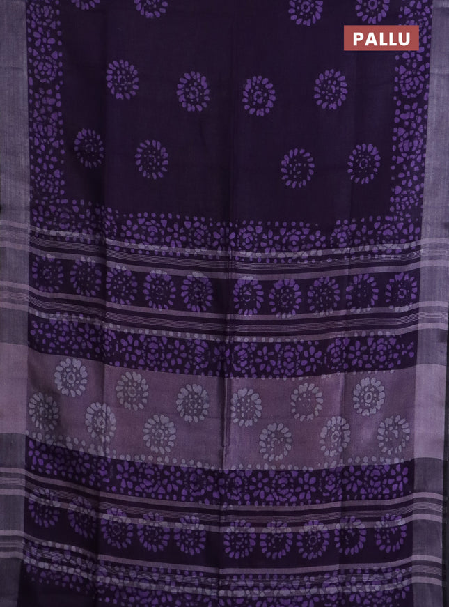Pure linen saree deep violet and black with batik butta prints and silver zari woven border
