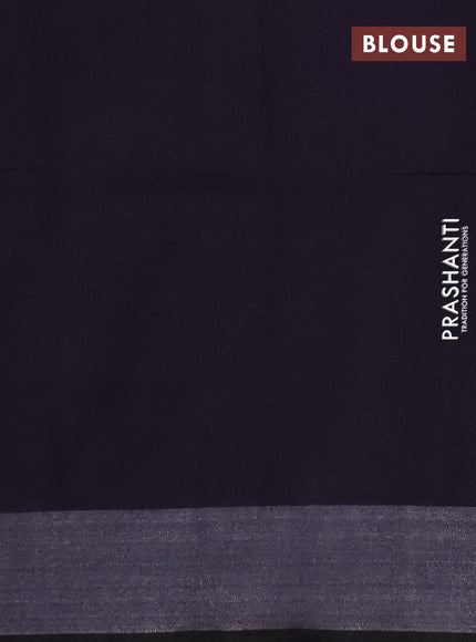 Pure linen saree deep violet and black with batik butta prints and silver zari woven border