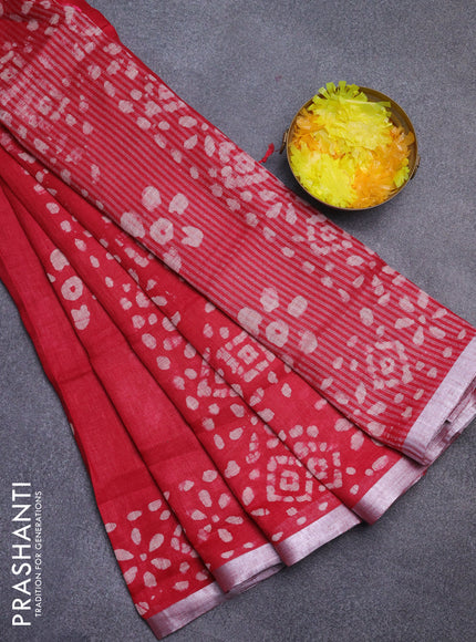 Pure linen saree pink with batik butta prints and silver zari woven border