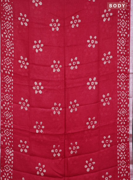 Pure linen saree pink with batik butta prints and silver zari woven border