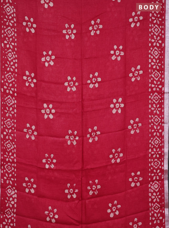 Pure linen saree pink with batik butta prints and silver zari woven border