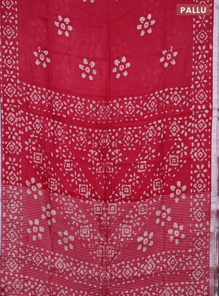Pure linen saree pink with batik butta prints and silver zari woven border