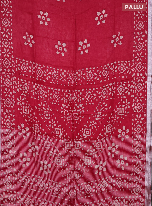 Pure linen saree pink with batik butta prints and silver zari woven border