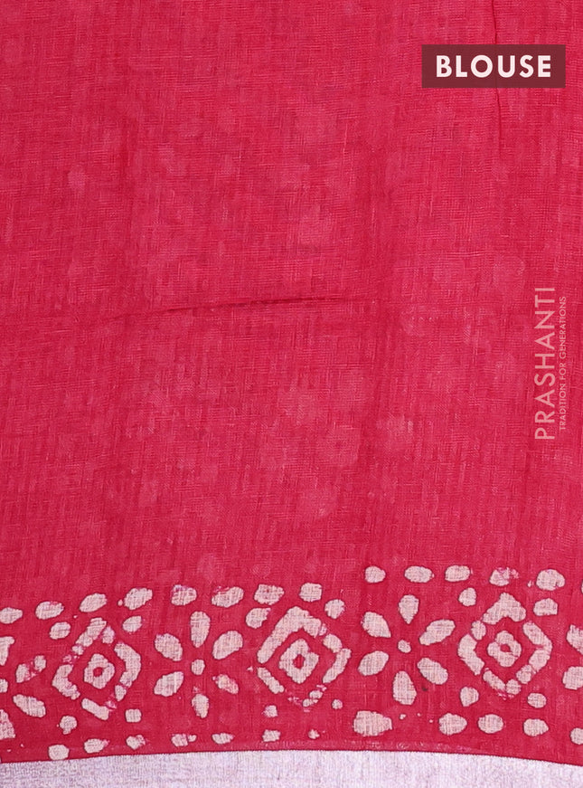 Pure linen saree pink with batik butta prints and silver zari woven border