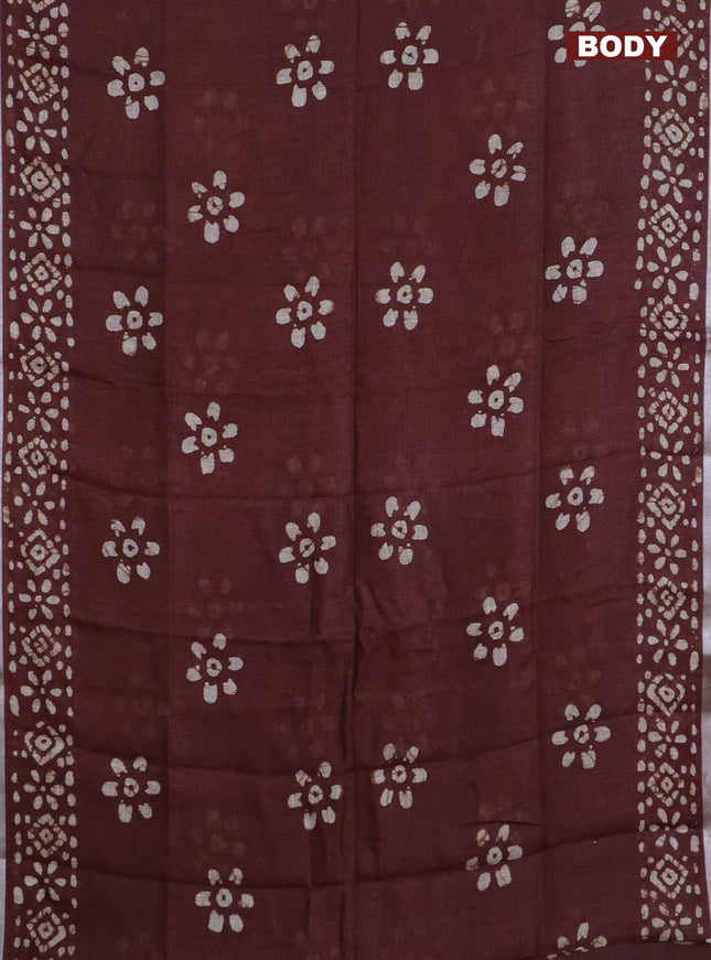 Pure linen saree brown with batik butta prints and silver zari woven border