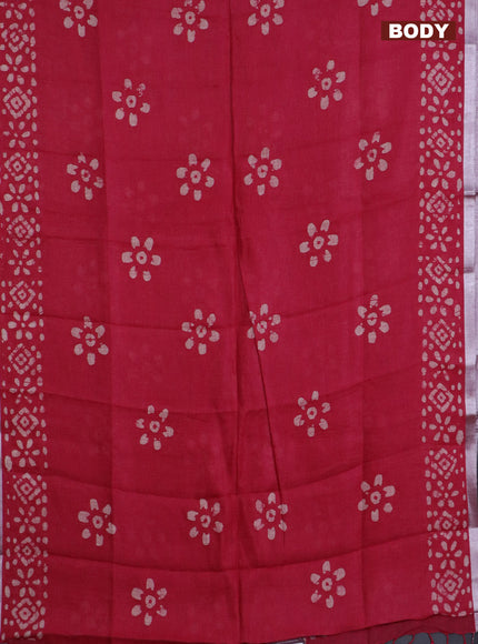 Pure linen saree pink with batik butta prints and silver zari woven border