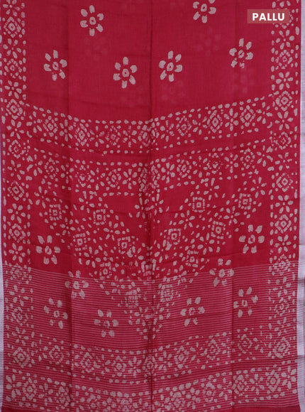 Pure linen saree pink with batik butta prints and silver zari woven border
