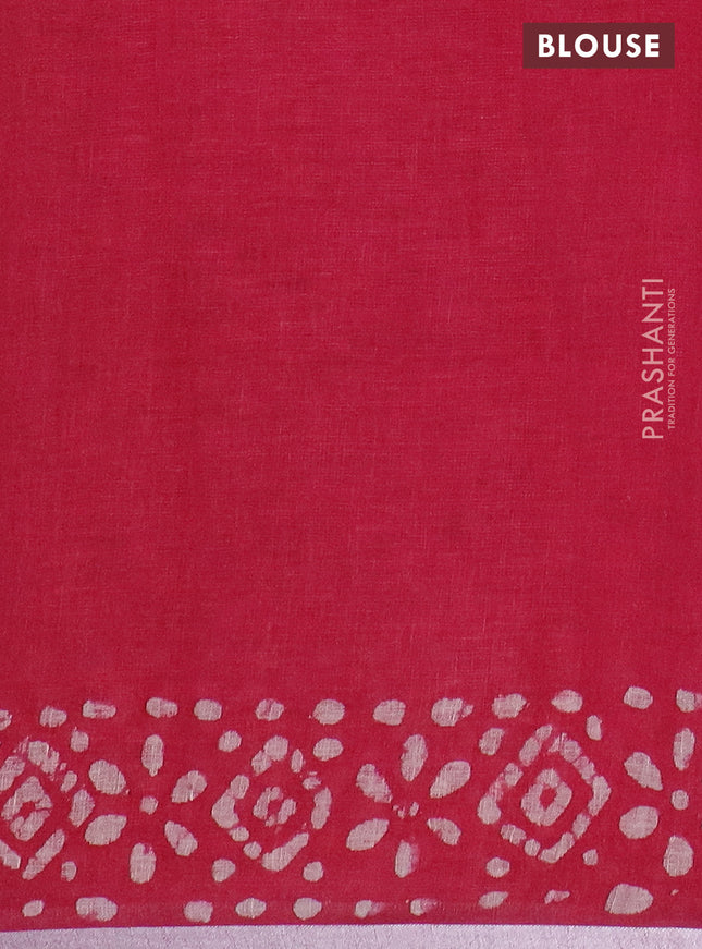 Pure linen saree pink with batik butta prints and silver zari woven border