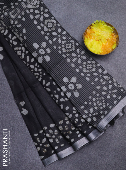 Pure linen saree black with batik butta prints and silver zari woven border