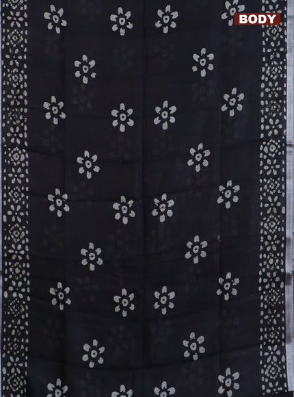 Pure linen saree black with batik butta prints and silver zari woven border