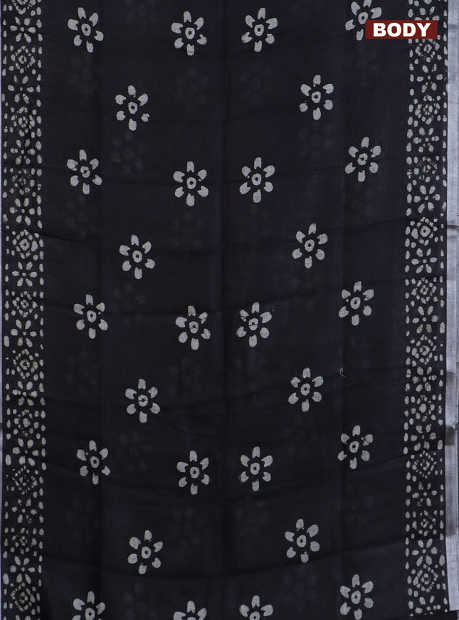 Pure linen saree black with batik butta prints and silver zari woven border