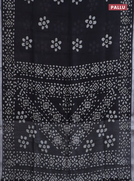 Pure linen saree black with batik butta prints and silver zari woven border