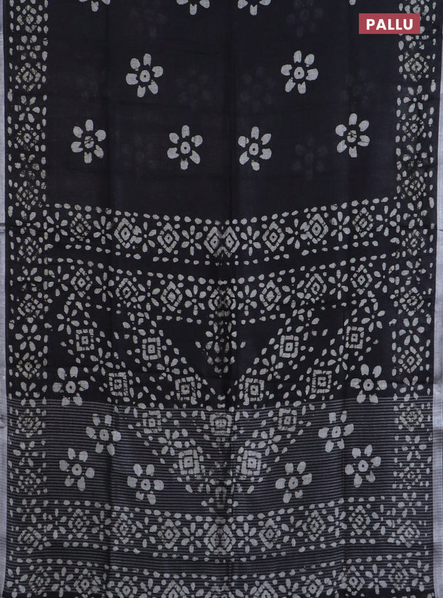 Pure linen saree black with batik butta prints and silver zari woven border