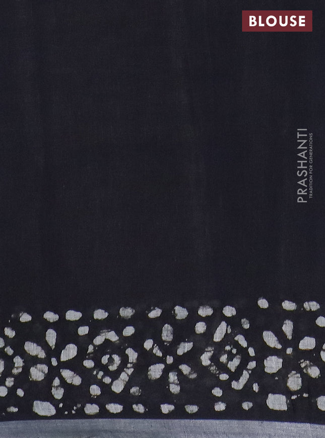 Pure linen saree black with batik butta prints and silver zari woven border