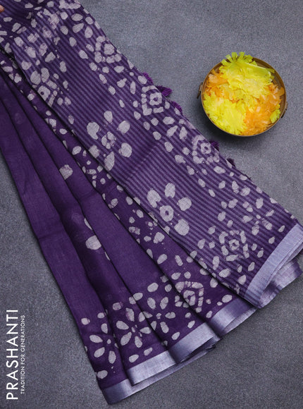 Pure linen saree deep violet with batik butta prints and silver zari woven border